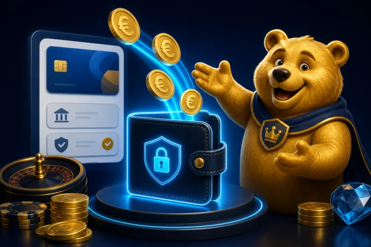 Veilig storten bij Baloo Casino met euro-munten en beer-mascotte