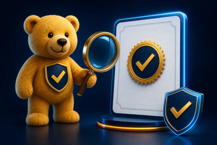 Legitimiteitscheck van Baloo Casino met beer-mascotte, vergrootglas en vergunningszegel